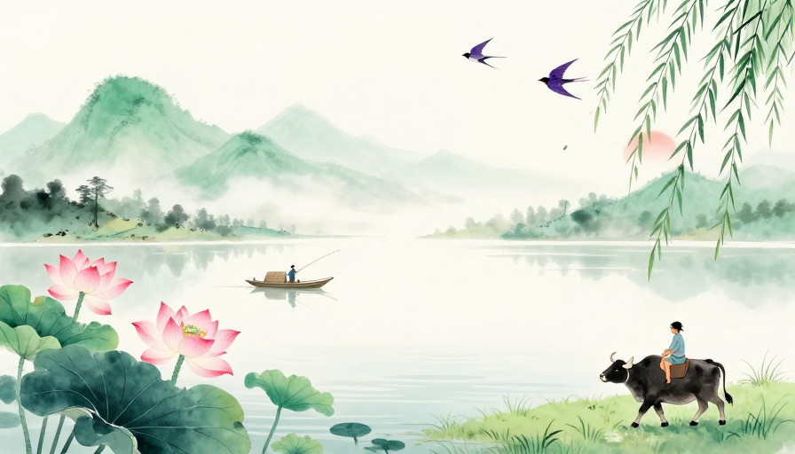 水墨空灵意境：粉荷渔舟与牧童的山水画卷