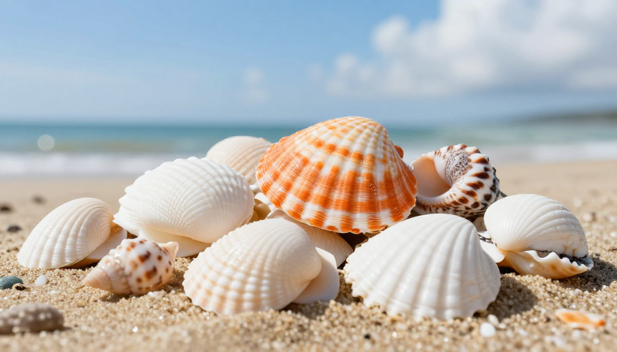 海滩贝壳特写：自然光影下的细腻纹理与色彩平衡