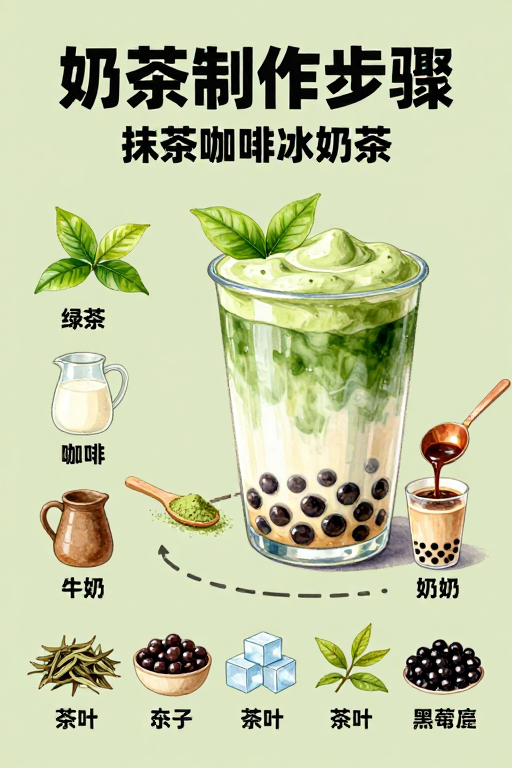 清新水彩风：抹茶咖啡冰奶茶制作步骤
