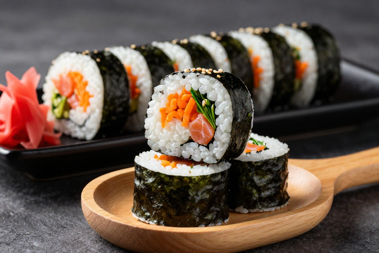 精致寿司卷特写:木质碟与黑盘上的日式料理美学