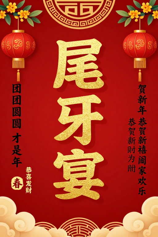 金红喜庆尾牙宴海报:传统中国风团圆贺岁
