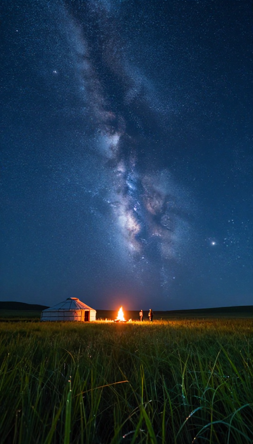 星空下的草原:篝火与剪影的静谧之夜