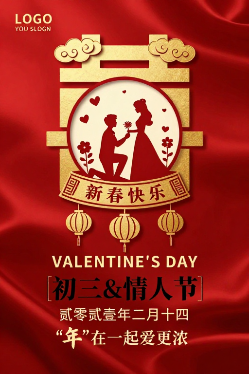 中式情人节红金剪影海报：喜庆与浪漫融合