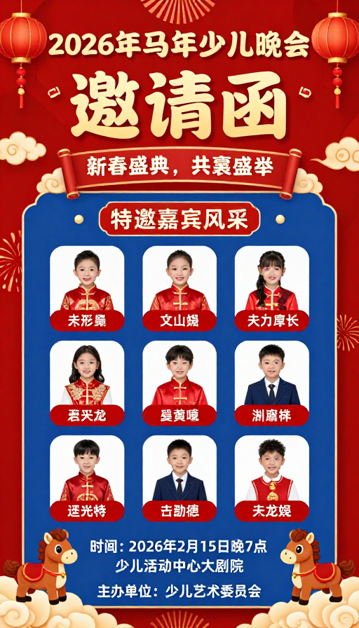 2026马年少儿春晚:红色中国风喜庆邀请函