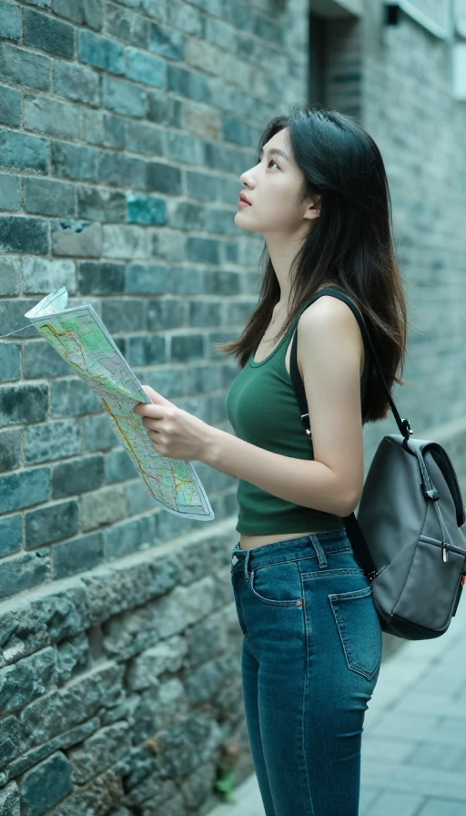 墨绿背心的少女在古巷探路:冷调天青摄影