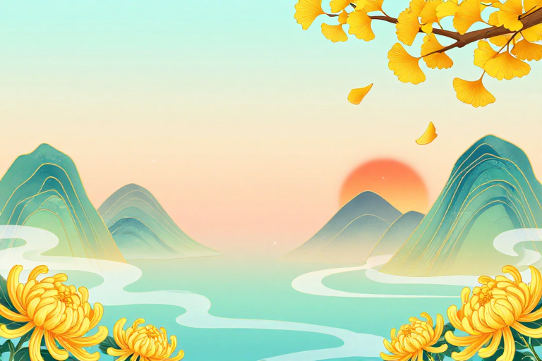 东方秋韵山水:银杏菊花的渐变意境插画