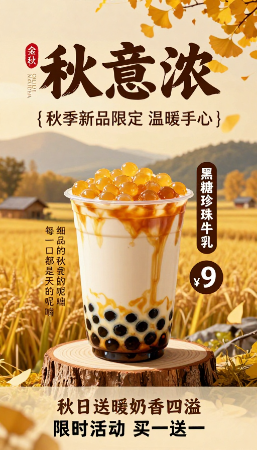 秋日限定黑糖珍珠奶茶,暖色调治愈感产品摄影