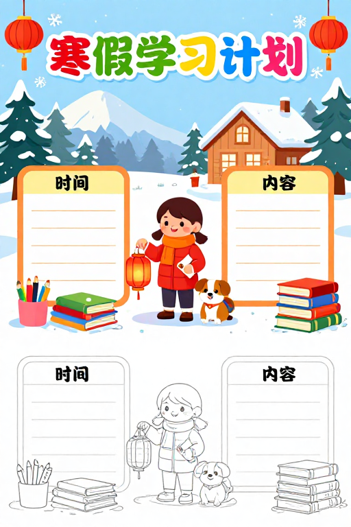 寒假学习计划手绘海报，色彩缤纷冬日校园风