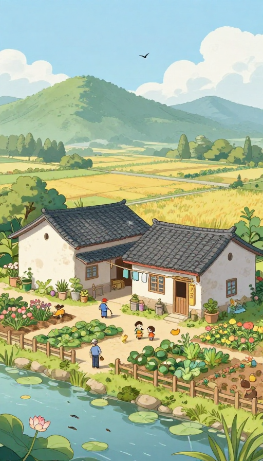 温馨田园:宁静乡村生活插画