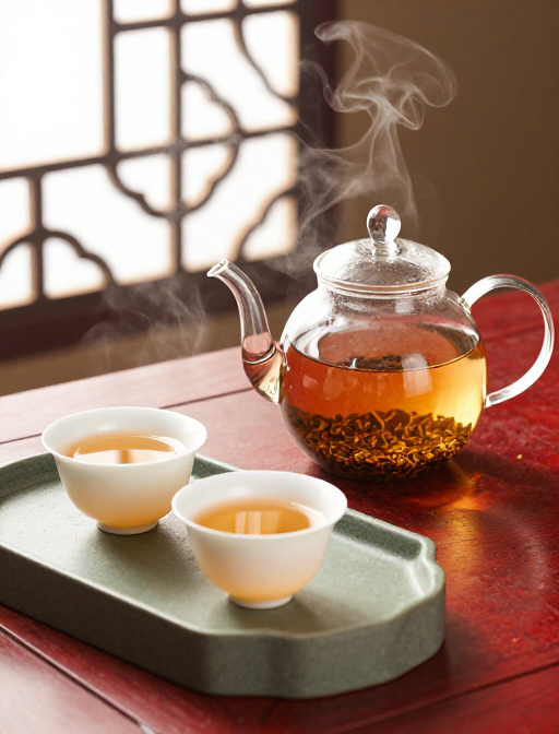 古朴茶席：剔透玻璃壶盛苦荞茶，暖光轻抚古典韵味