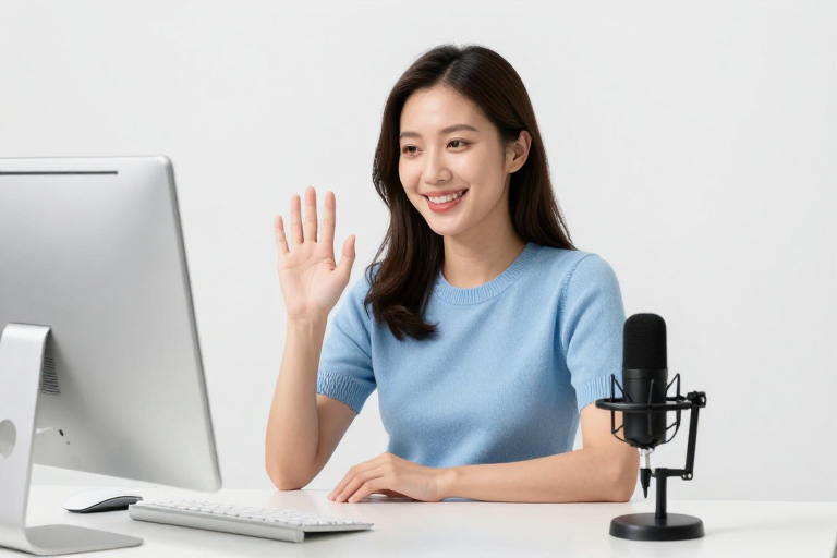 亚洲女性微笑挥手办公场景,专业高清摄影展示