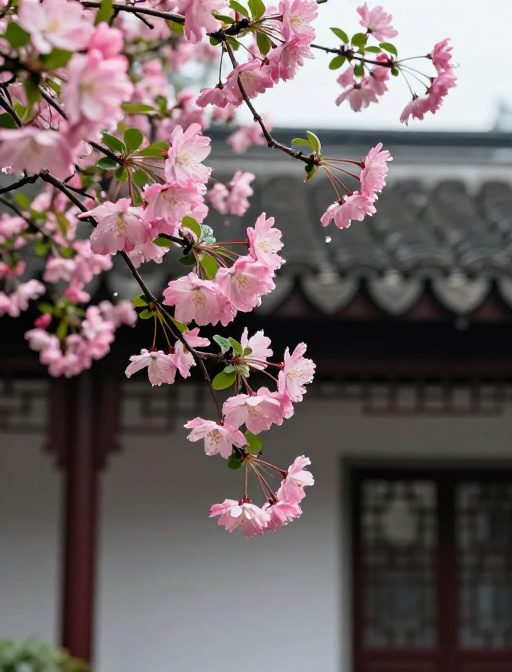 江南庭院海棠花开垂枝粉嫩露珠晶莹