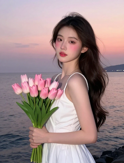 海边少女与晚霞：梦幻郁金香的优雅瞬间
