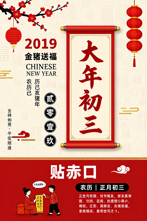 红金祥瑞：中国传统春节初一至初三民俗宣传海报