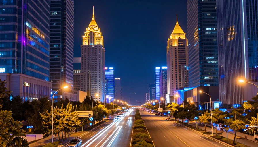 霓虹都市夜景:车流光轨穿梭现代摩天楼间