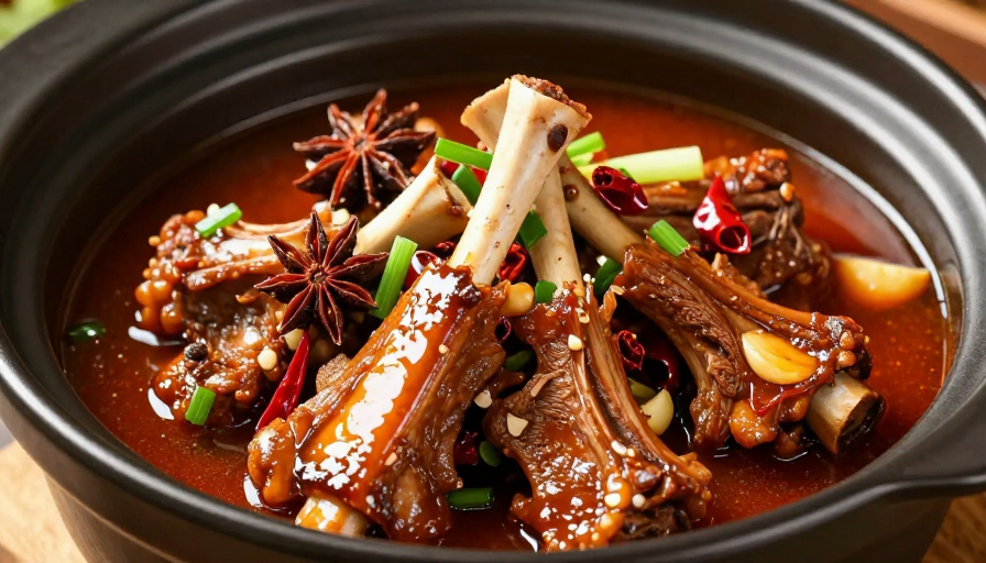 黑砂锅红烧羊排：酥烂入味，暖光诱人