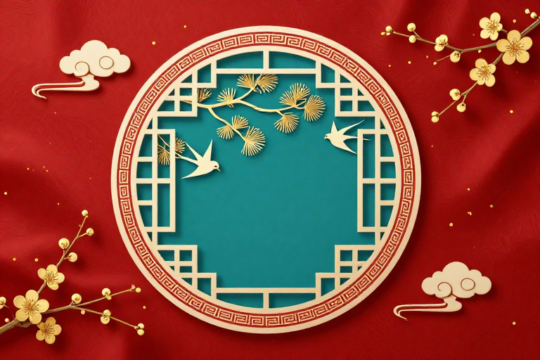 喜庆红绸背景:金梅松燕传统窗格设计