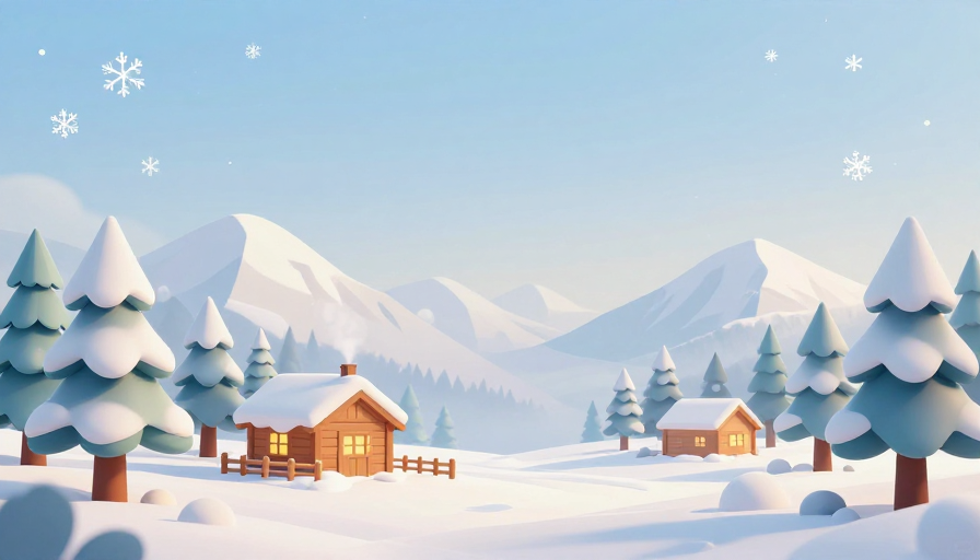 梦幻冬日雪景：3D低多边形温馨小屋插画