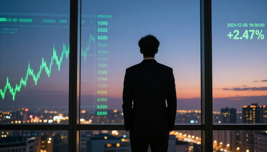 金融趋势：西装男子凝视城市夜景与上涨K线