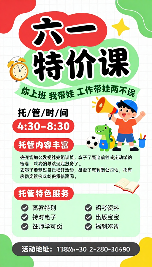 六一特惠托管课海报：童趣设计吸引家长