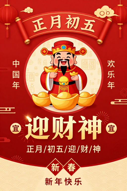 红金配色迎财神·春节插画海报