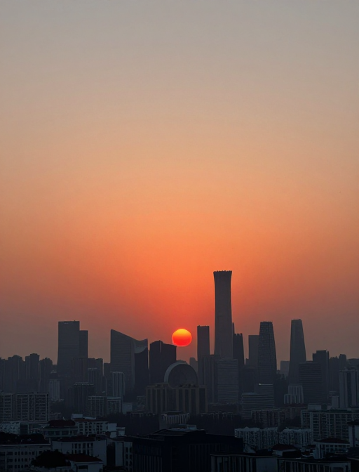 晨曦破晓：红日映照着城市剪影的壮丽景象