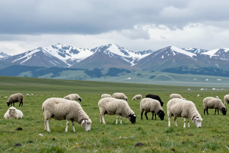 黑白羊群在雪山阴云下的草原静美