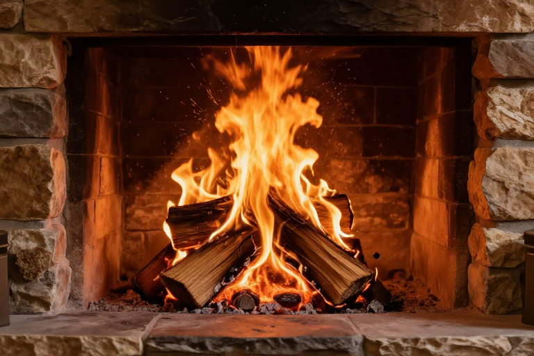 暖橙壁炉火焰跃动:高清实景摄影