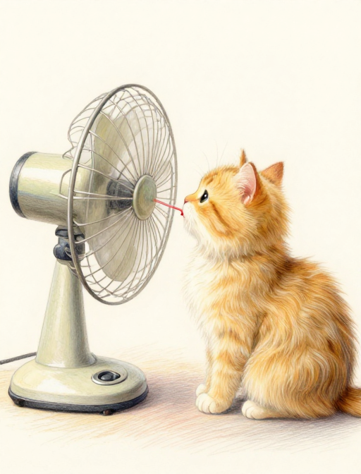 彩绘金渐层猫与老风扇的治愈绘本瞬间