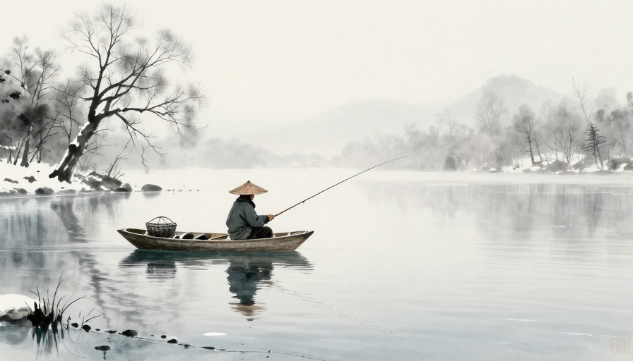 水墨冬湖:枯寂渔舟的静谧时光