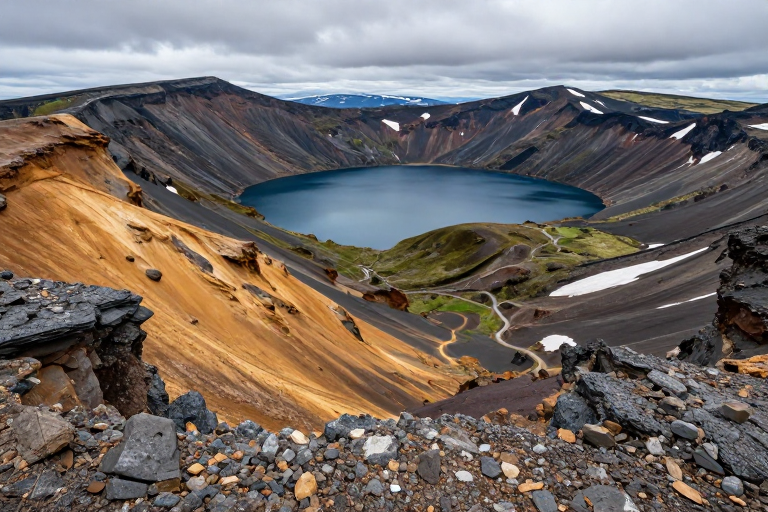 壮美火山口：冷峻自然光影下的地质奇观