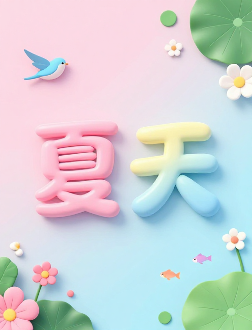 清新夏日氛围：粉蓝渐变背景与立体文字设计