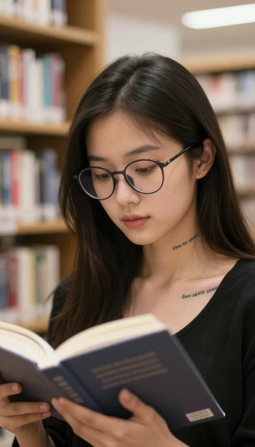 文静女孩图书馆阅读：专注与精致纹路