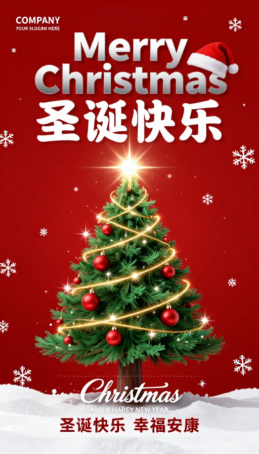 高饱和红底圣诞贺卡,中西融合现代设计