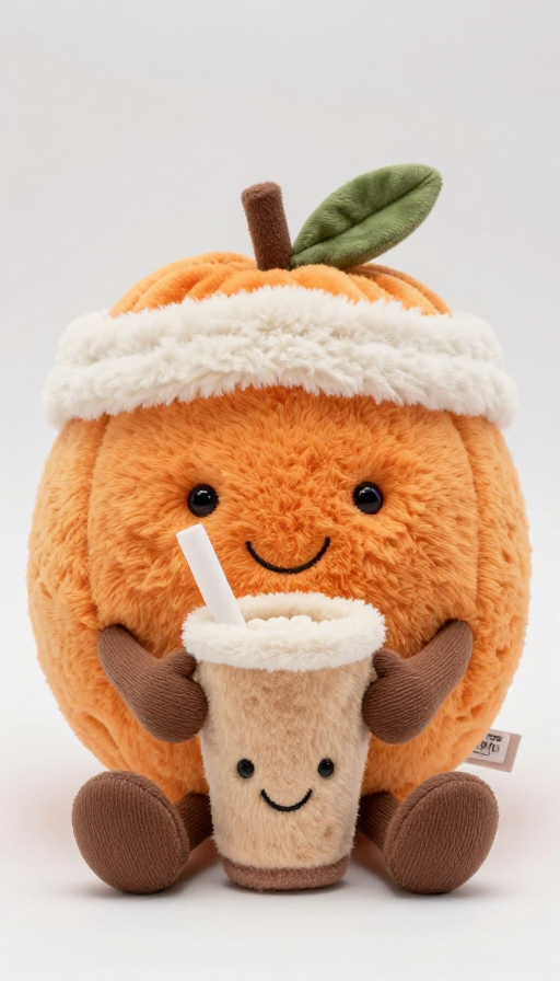 萌趣Jellycat风：戴帽子的橙拟人手拿甜蜜奶茶