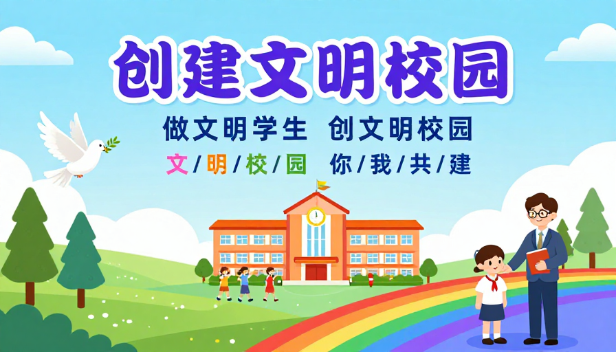 创建文明校园:清新插画风教育宣传海报