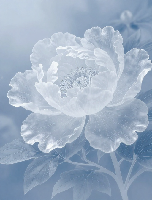 工笔牡丹幻梦:透明花瓣的蓝调清冷美学