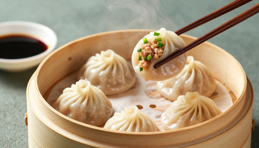高清小笼包特写:竹蒸笼中的精致中式美食摄影