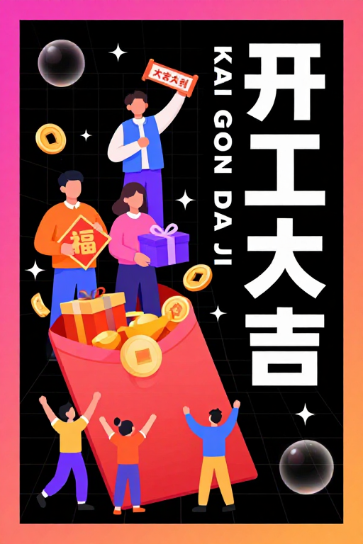 现代扁平插画风开工大吉海报,霓虹色彩与立体红包传递喜庆氛围