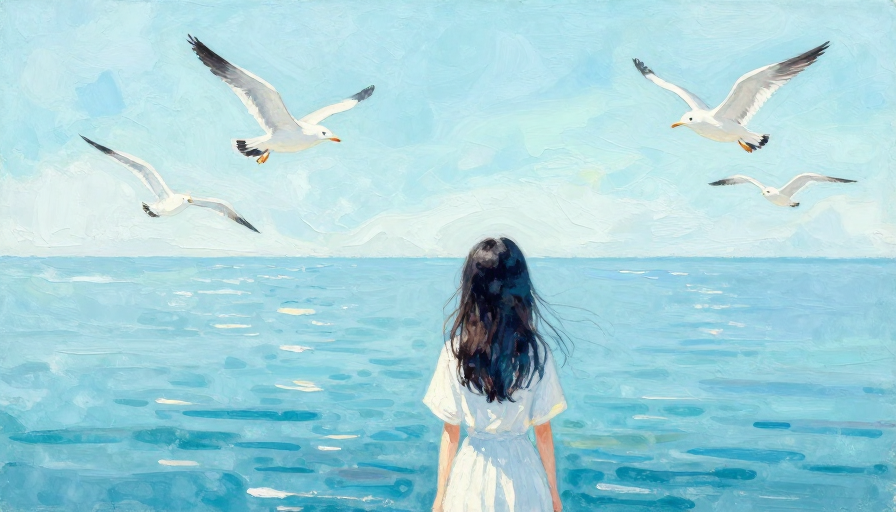 青蓝梦境：少女背影与超现实海景