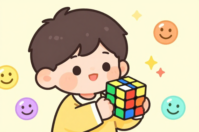 童趣时光：男孩魔方与彩色表情泡泡