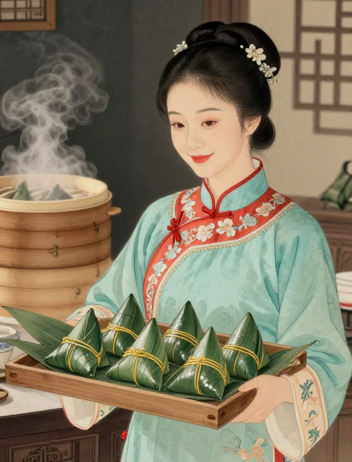 工笔淡彩端午风雅旗袍美女端粽图