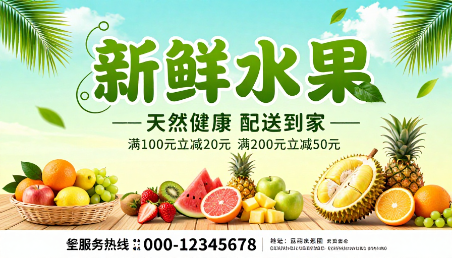 清新自然风水果促销海报，夏日新鲜上市