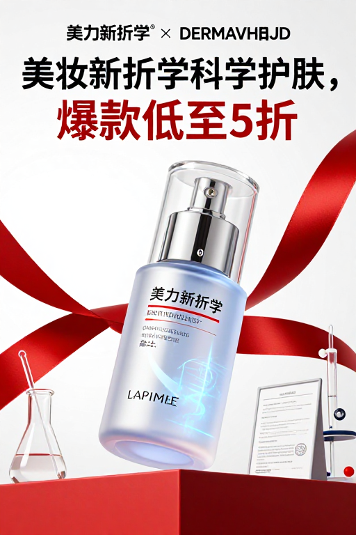 科技感美妆促销海报：科学护肤新折学