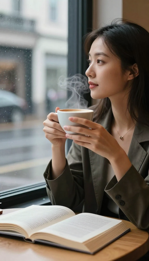 雨中咖啡馆的静谧时光：女子凝望窗外的温柔瞬间