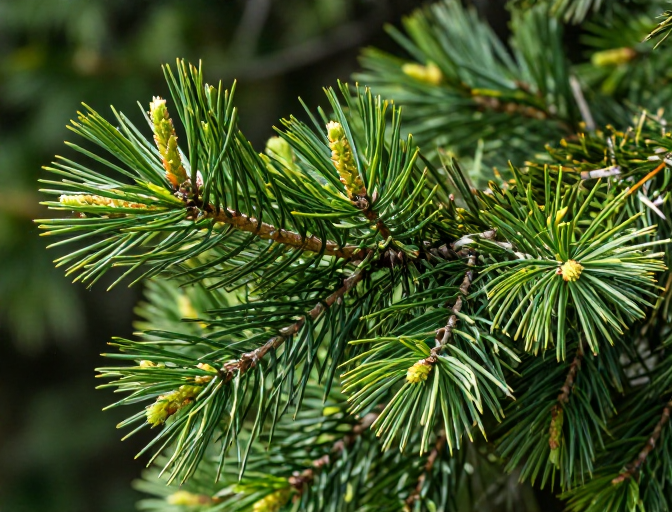 清新松枝特写：嫩绿针叶与光影交织的自然之美