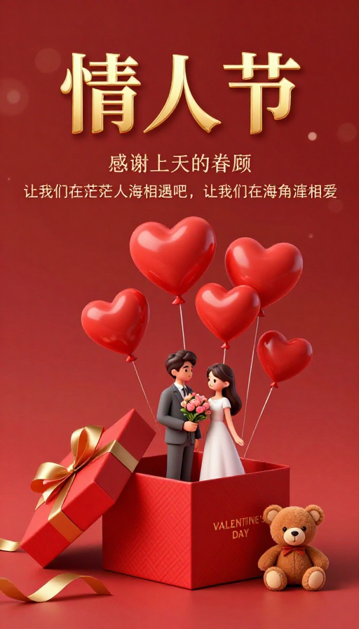 浪漫情人节海报：红金渐变温馨甜蜜