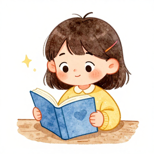 童趣水彩:专注阅读的小女孩卡通插画