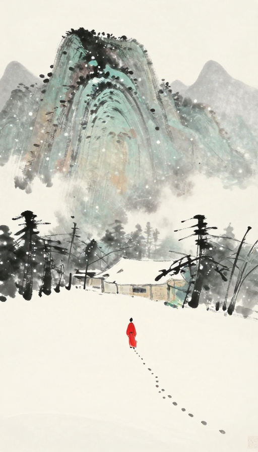 东山魁夷式雪中古道:红衣孤影与远山