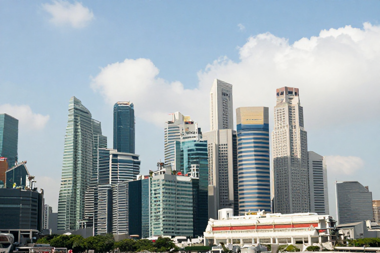 新加坡滨海湾金融区：现代摩天大楼全景摄影